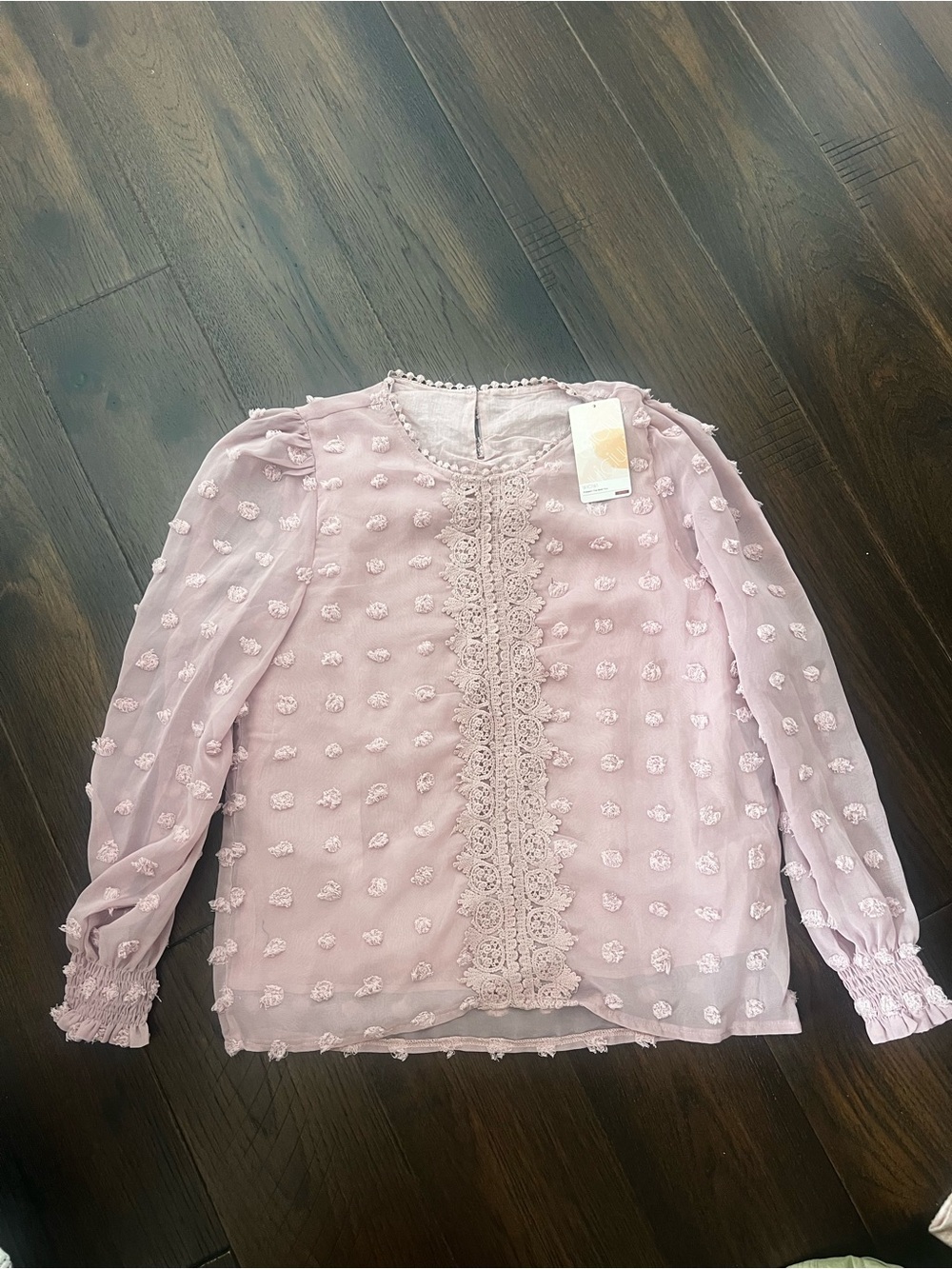 Women’s Lace-Trim Pink Swiss Dot Blouse